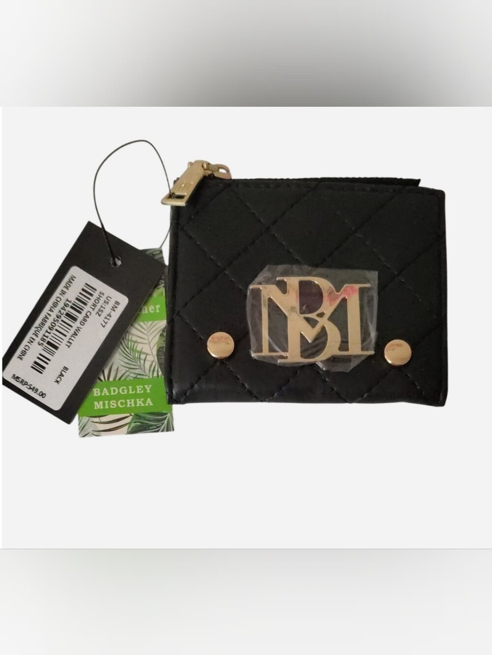 Badgley Mischka Quilted Black Card Holder Wallet with Logo